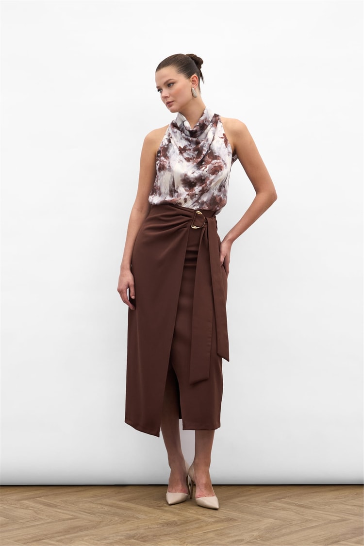 Sateen Y26 1976-4096 Kuşak Detaylı Midi Etek Kahverengi