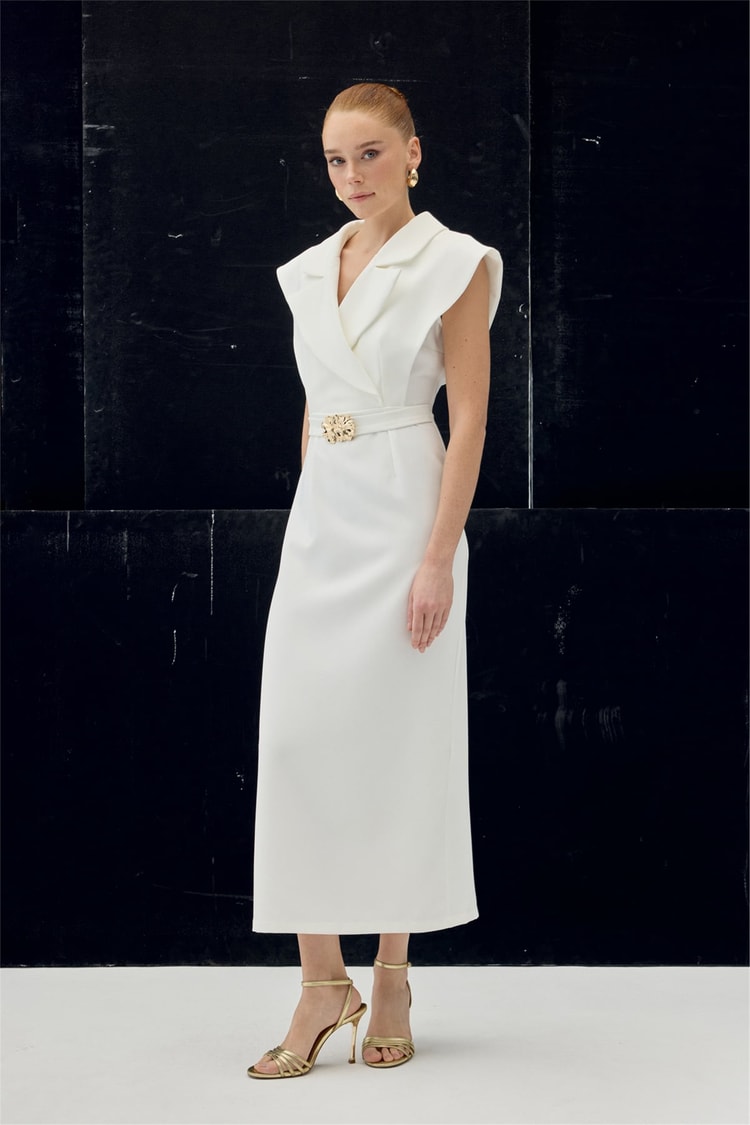 Sateen Y26 1980-3083 Aksesuar Detaylı Maxi Elbise Ekru Kadın