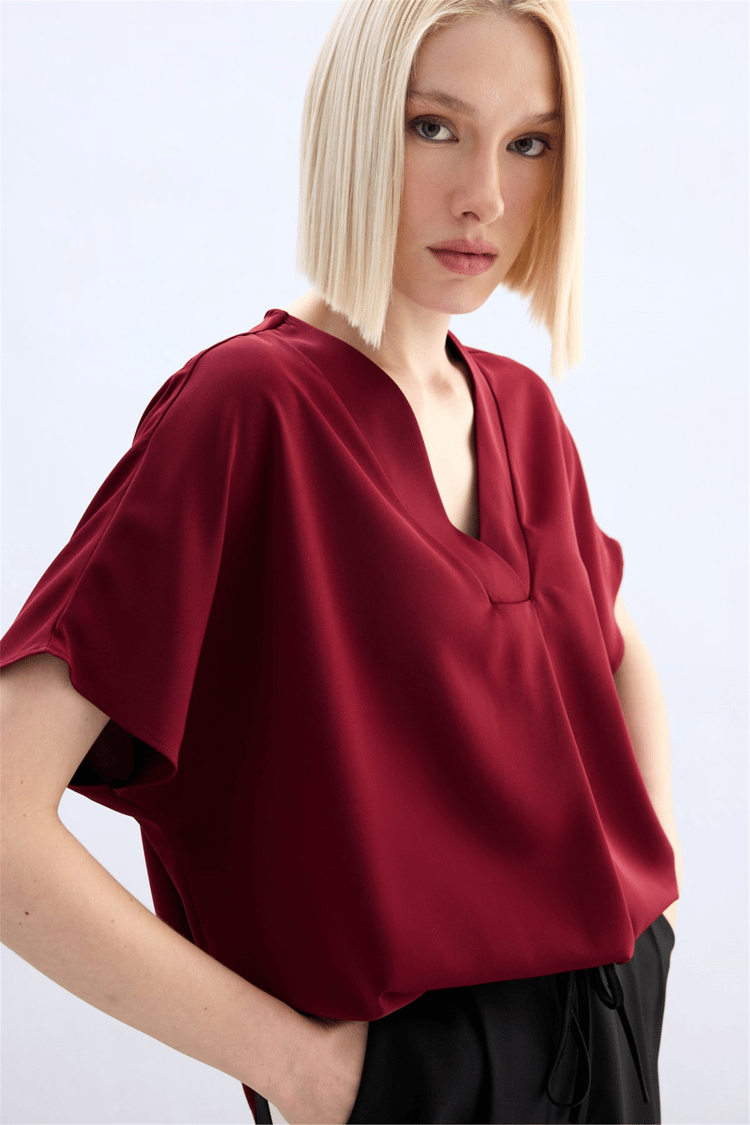 Sateen Y26 2103-1261 Kısa Kollu V Yaka Bluz Bordo