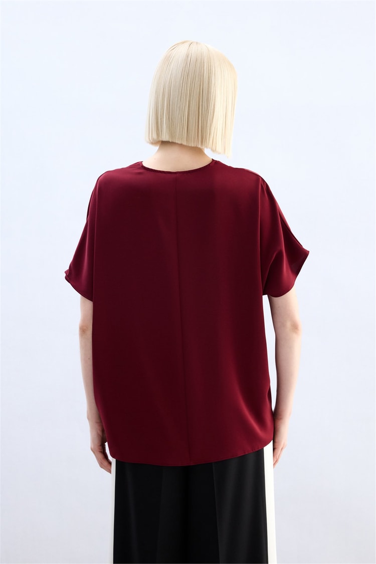 Sateen Y26 2103-1261 Kısa Kollu V Yaka Bluz Bordo