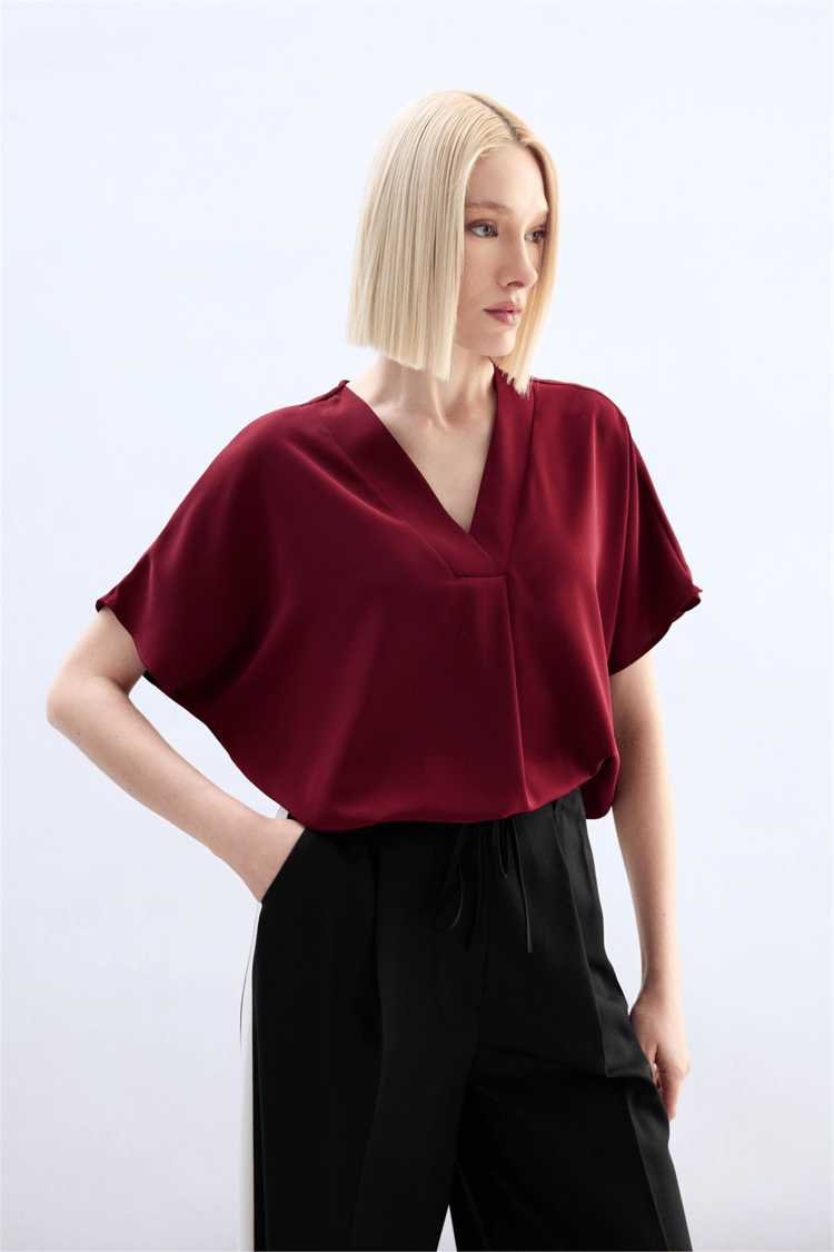 Sateen Y26 2103-1261 Kısa Kollu V Yaka Bluz Bordo