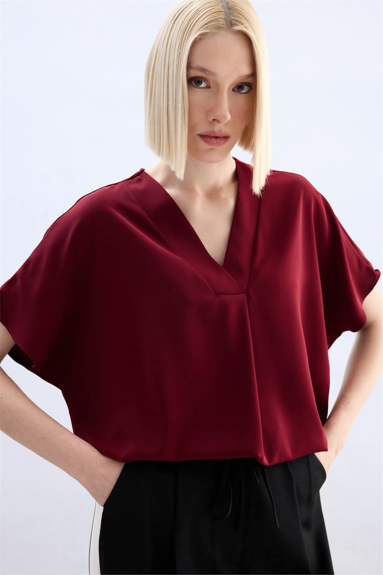 Sateen Y26 2103-1261 Kısa Kollu V Yaka Bluz Bordo