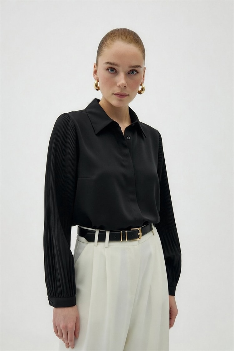 Sateen Y26 2114-2179 Plise Kollu Gömlek Siyah Kadın