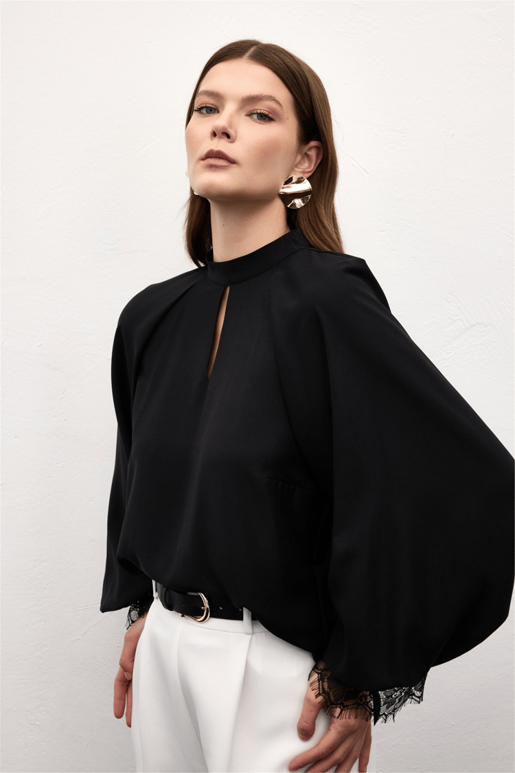 Sateen Y26 2116-1255 Dantel Detaylı Uzun Kollu Bluz Siyah Kadın