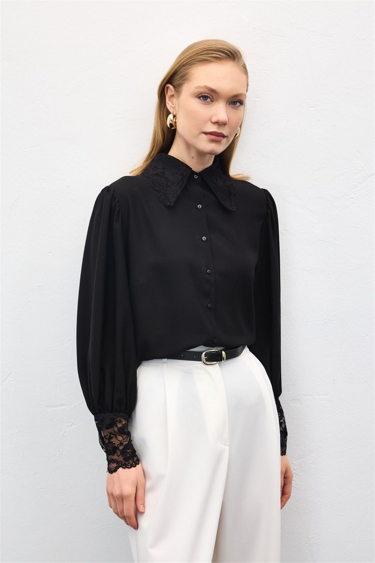 Sateen Y26 2117-2182 Dantel Mansetlı Gömlek Siyah Kadın