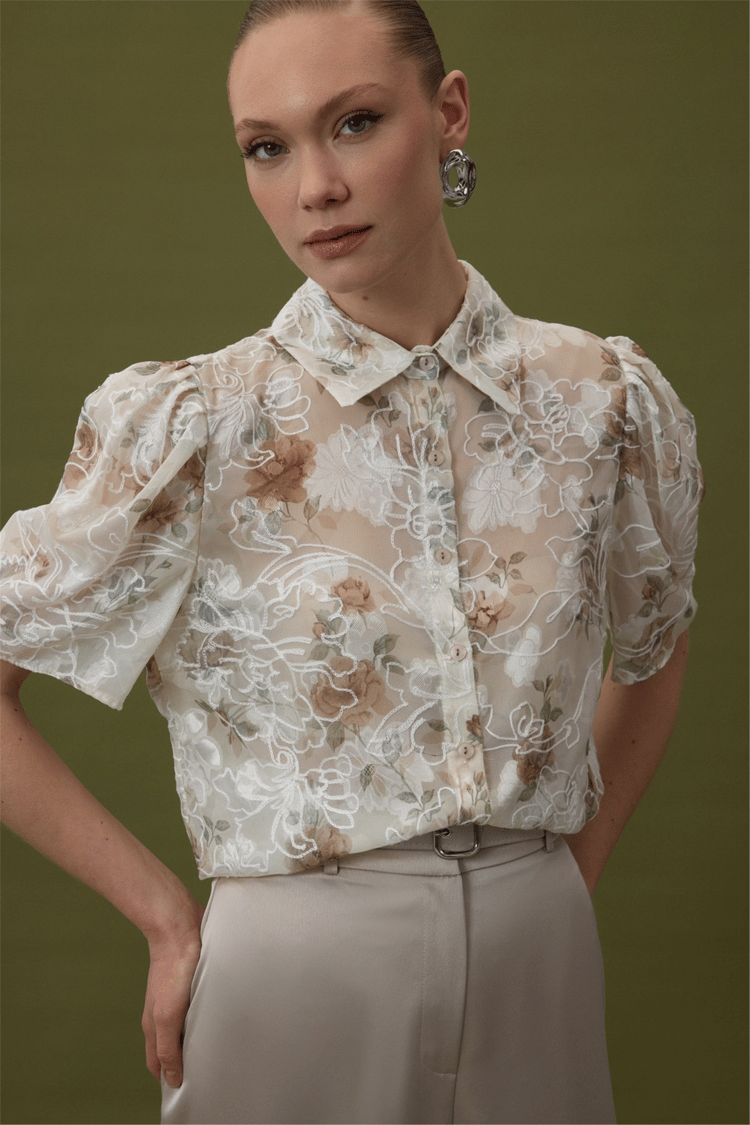 Sateen Y26 2121-2189 Nakışlı Kısa Kollu Gömlek Vizon