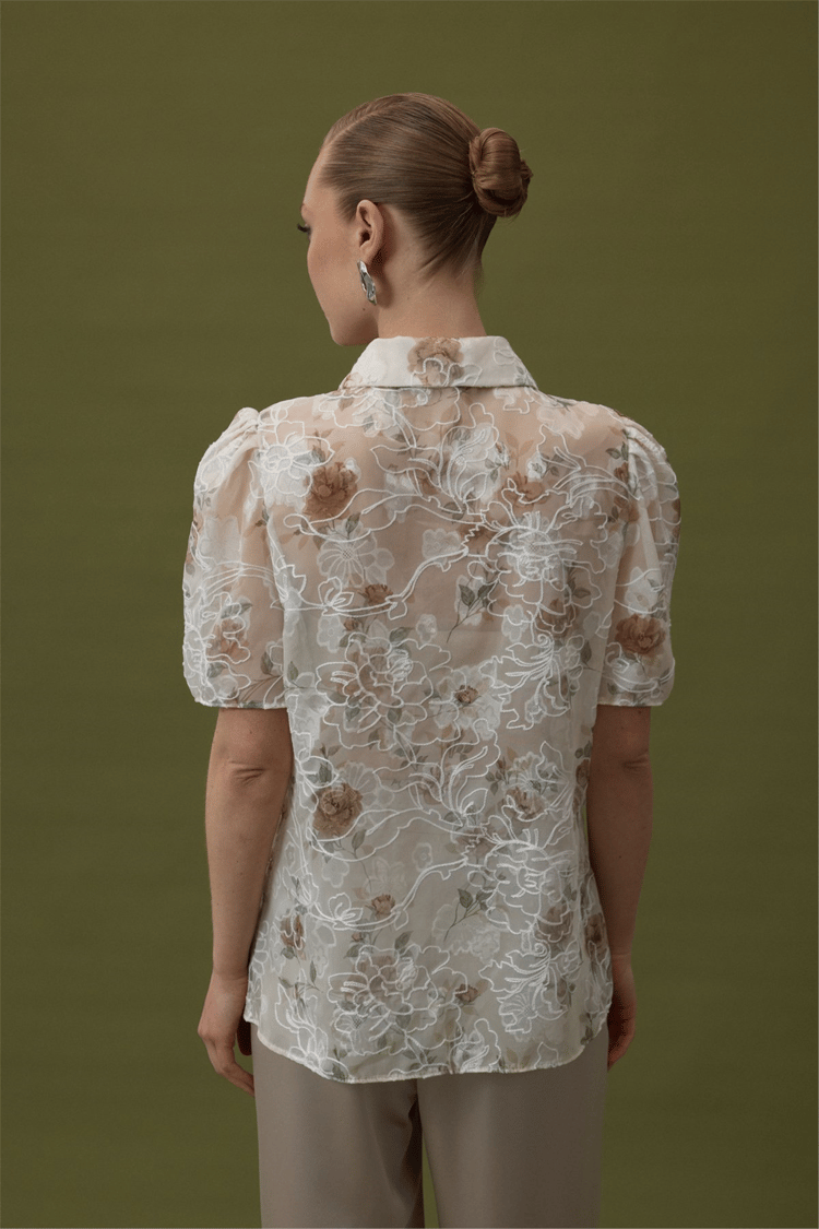 Sateen Y26 2121-2189 Nakışlı Kısa Kollu Gömlek Vizon
