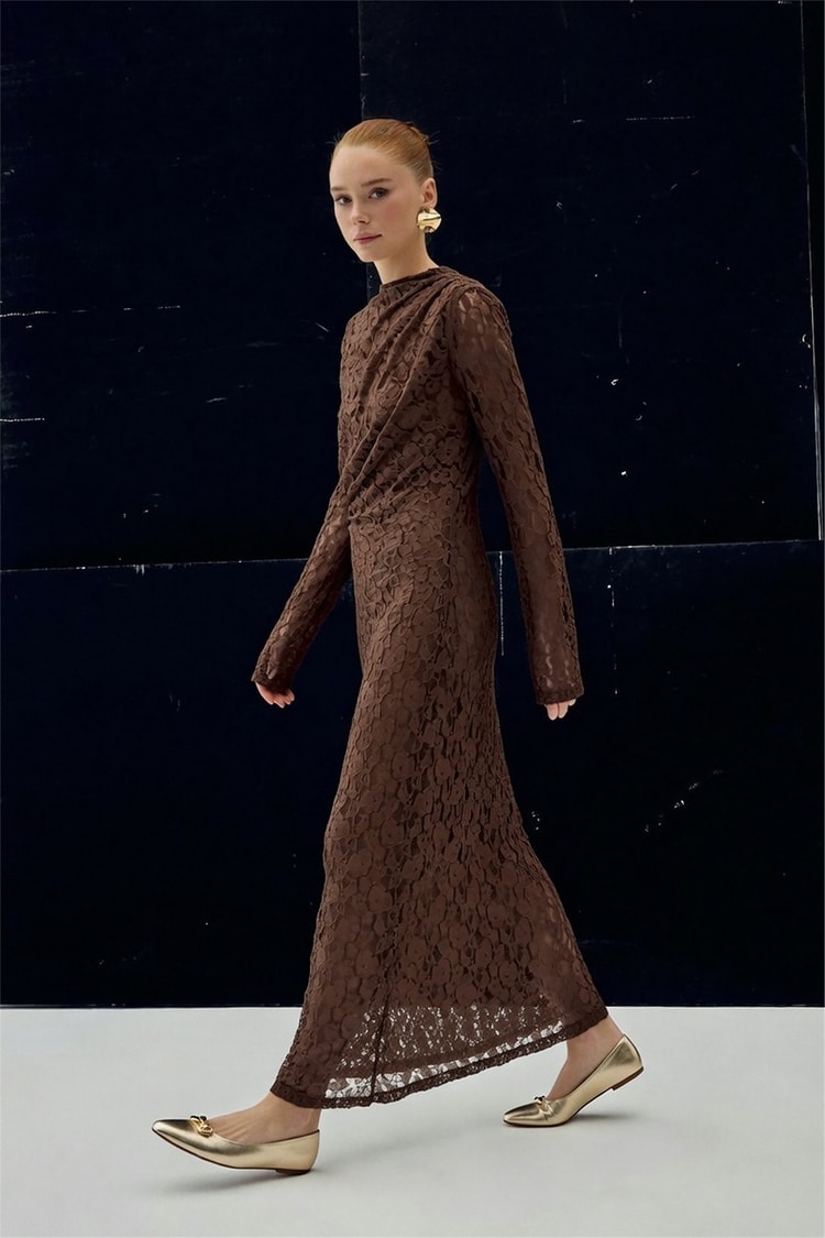 Sateen Y26 2124-3086 Dantel Elbise Kahverengi Kadın