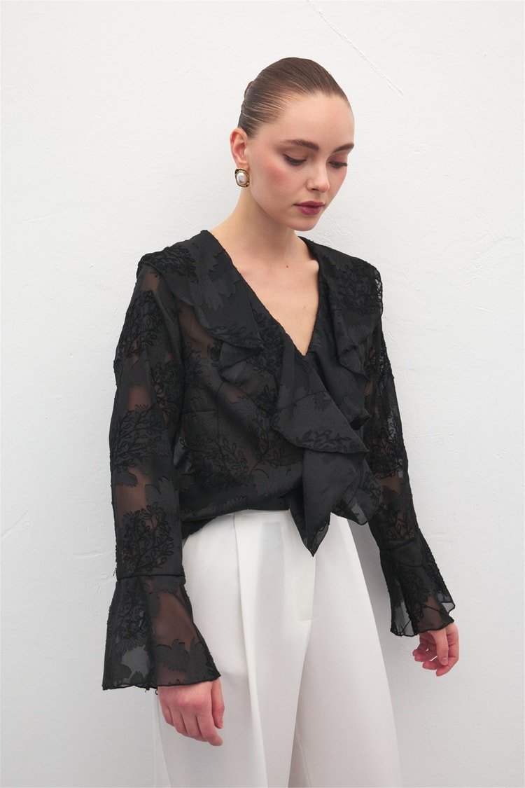 Sateen Y26 2142-2196 Fırfır Detaylı Nakışlı Gömlek Siyah