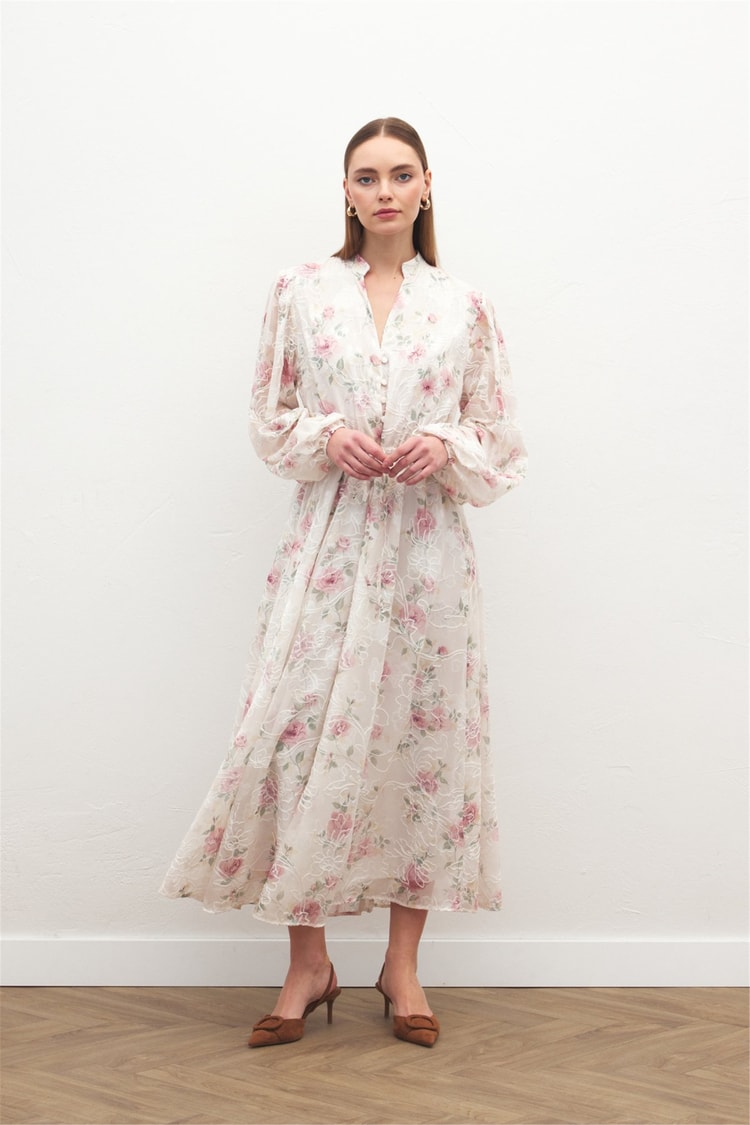 Sateen Y26 2143-3090 Nakışlı Desenli Uzun Elbise Pudra