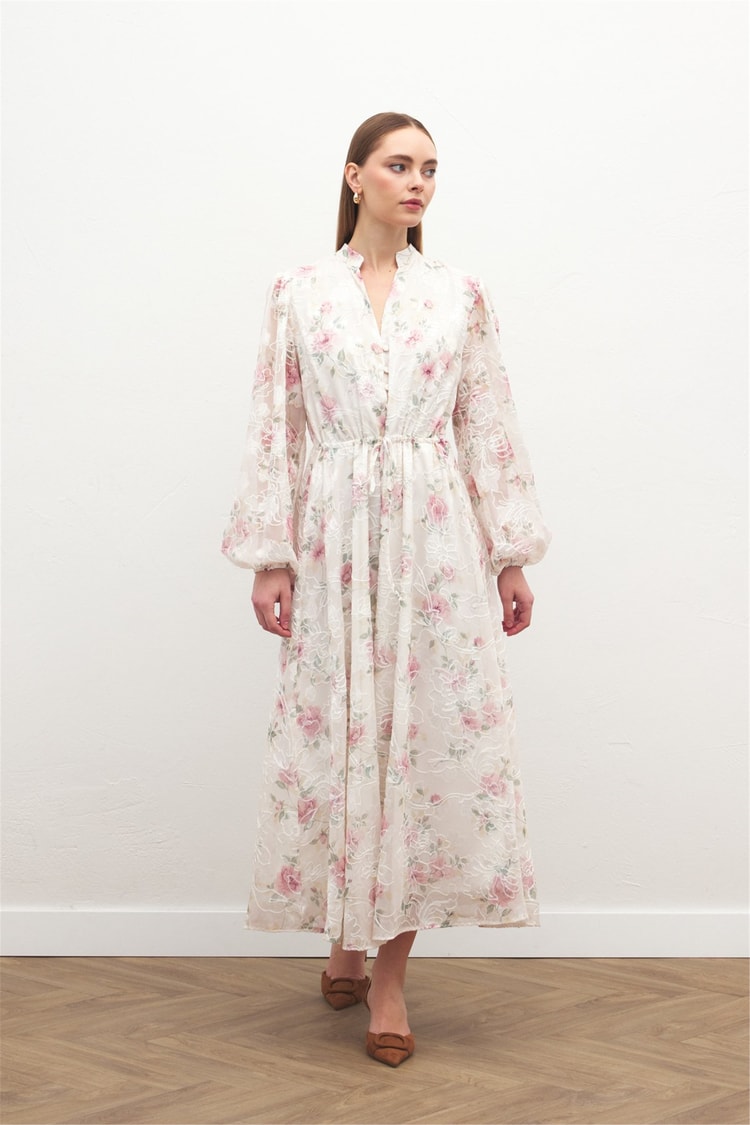 Sateen Y26 2143-3090 Nakışlı Desenli Uzun Elbise Pudra