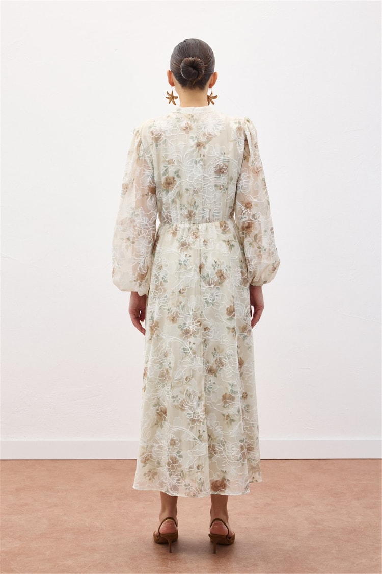 Sateen Y26 2143-3090 Nakışlı Desenli Uzun Elbise Vizon