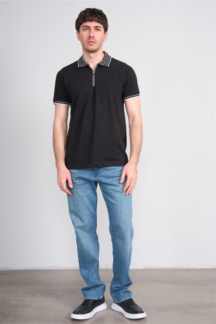 Troy Y26 26537 Siyah Erkek Pepe Polo Yak.Cızgılı Fermuarlı T-Shirt