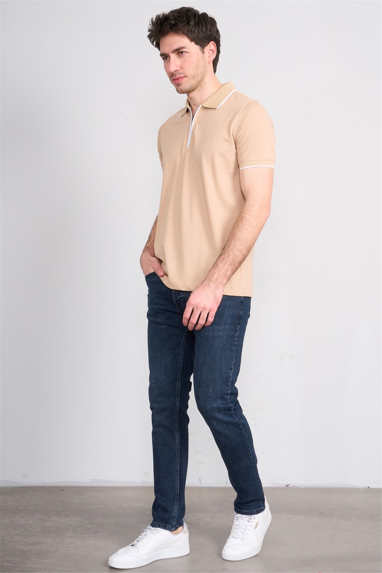 Troy Y26 26545 Bej Erkek Pepe Fermuarlı Polo T-Shirt