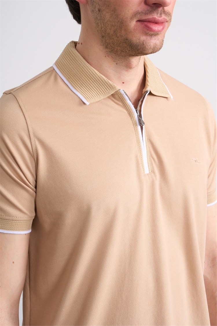Troy Y26 26545 Bej Erkek Pepe Fermuarlı Polo T-Shirt