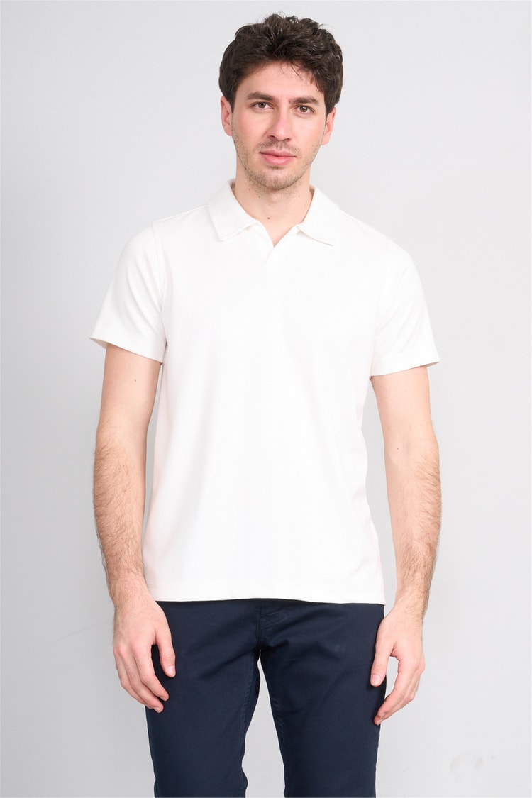 Troy Y26 26551 Beyaz Erkek Cızgılı Oysho V Pat Polo Yaka T-Shirt