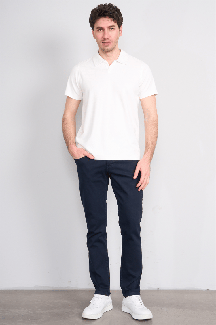 Troy Y26 26551 Beyaz Erkek Cızgılı Oysho V Pat Polo Yaka T-Shirt