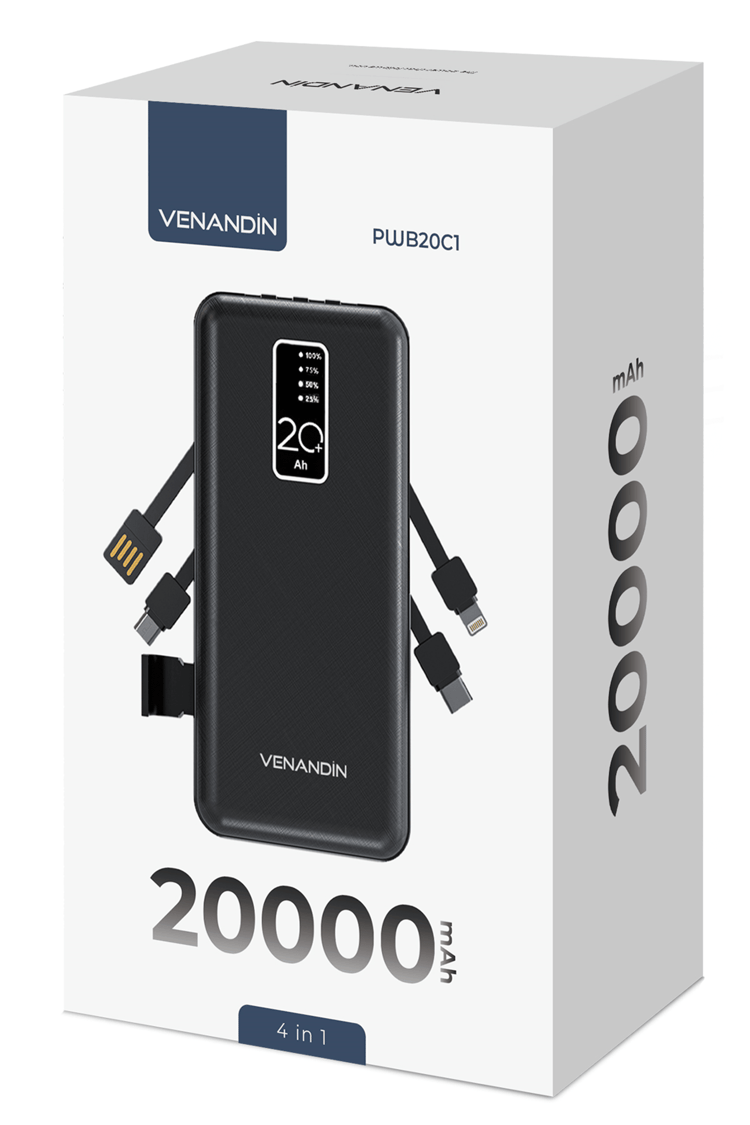 VENANDİN PWB20C1 20.000 Mah Powerbank Entegre Kablolu Dijital Göstergeli Taşınabilir Şarj Cihazı