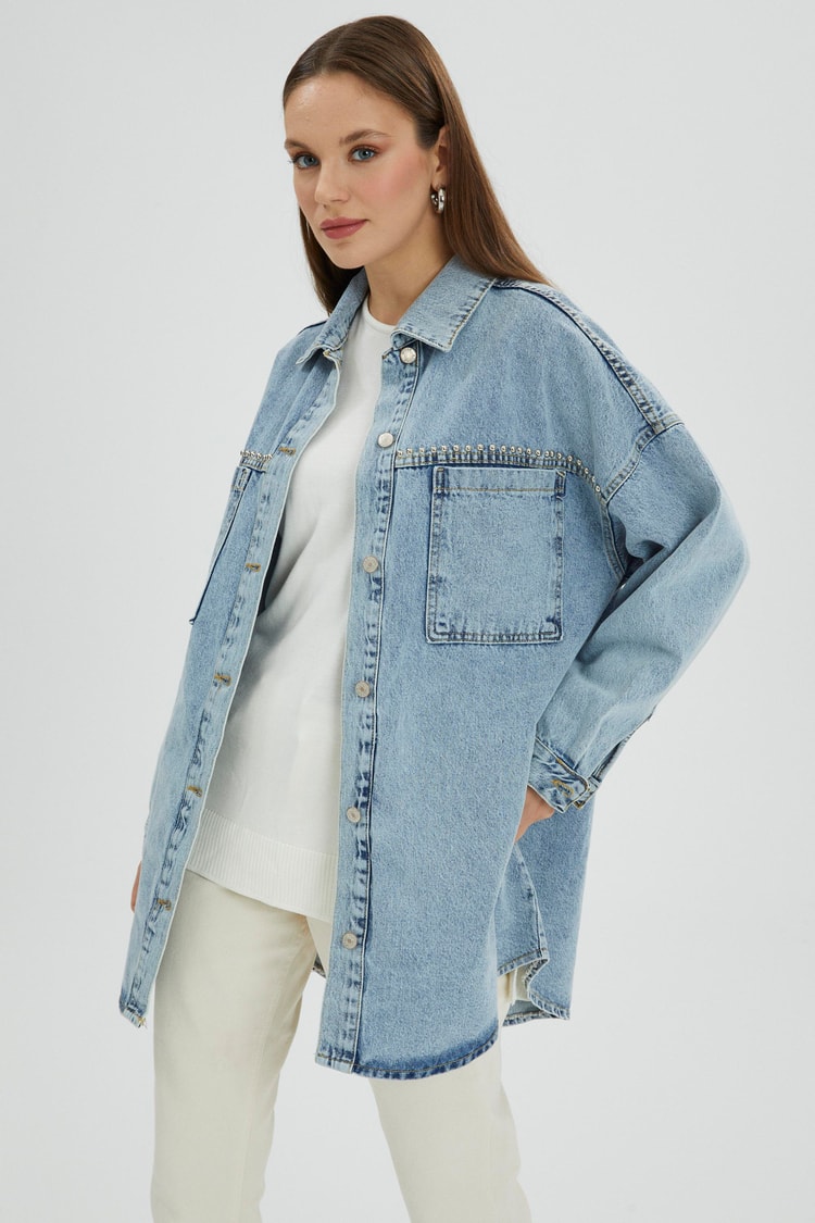 Aksesuar Detaylı Oversize Jean Ceket C-0065