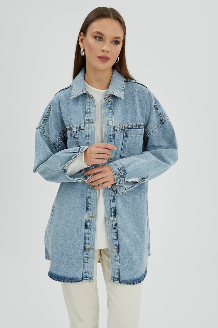 Aksesuar Detaylı Oversize Jean Ceket C-0065