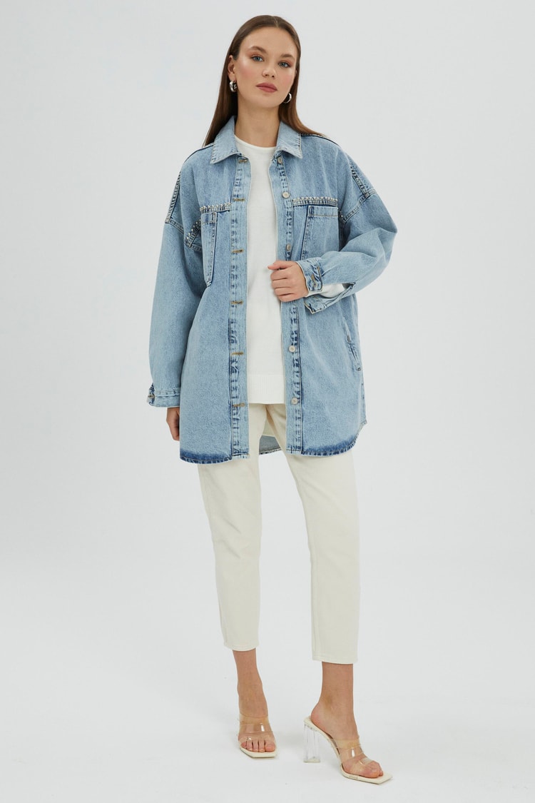 Aksesuar Detaylı Oversize Jean Ceket C-0065