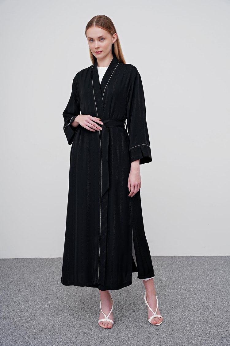 Beli Kuşaklı Uzun Siyah Kimono GÇ-0079