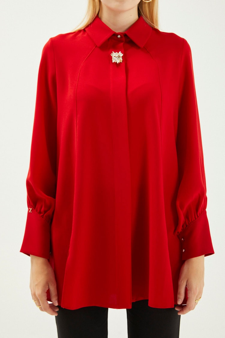 Broş Detaylı Uzun Kollu Kırmızı Tunik B-0095