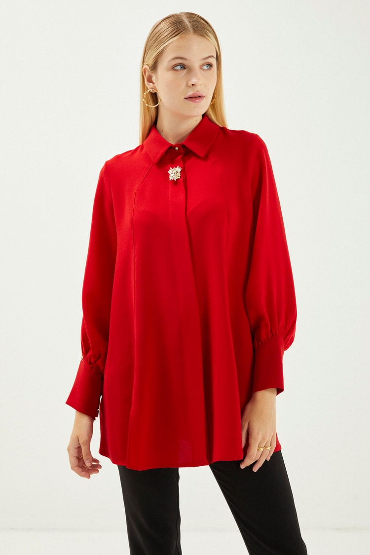 Broş Detaylı Uzun Kollu Kırmızı Tunik B-0095