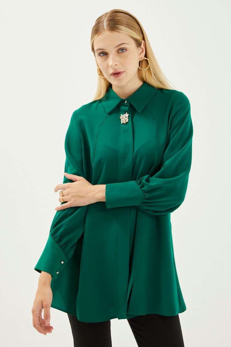 Broş Detaylı Uzun Kollu Zümrüt Tunik B-0095