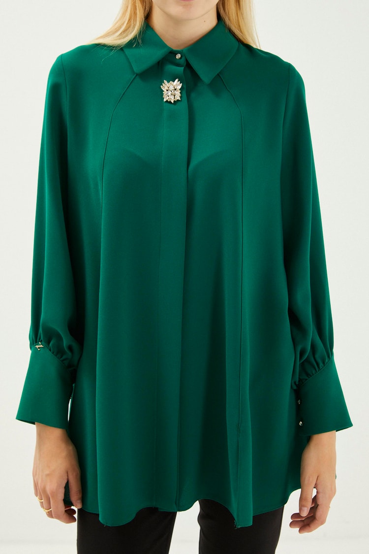 Broş Detaylı Uzun Kollu Zümrüt Tunik B-0095