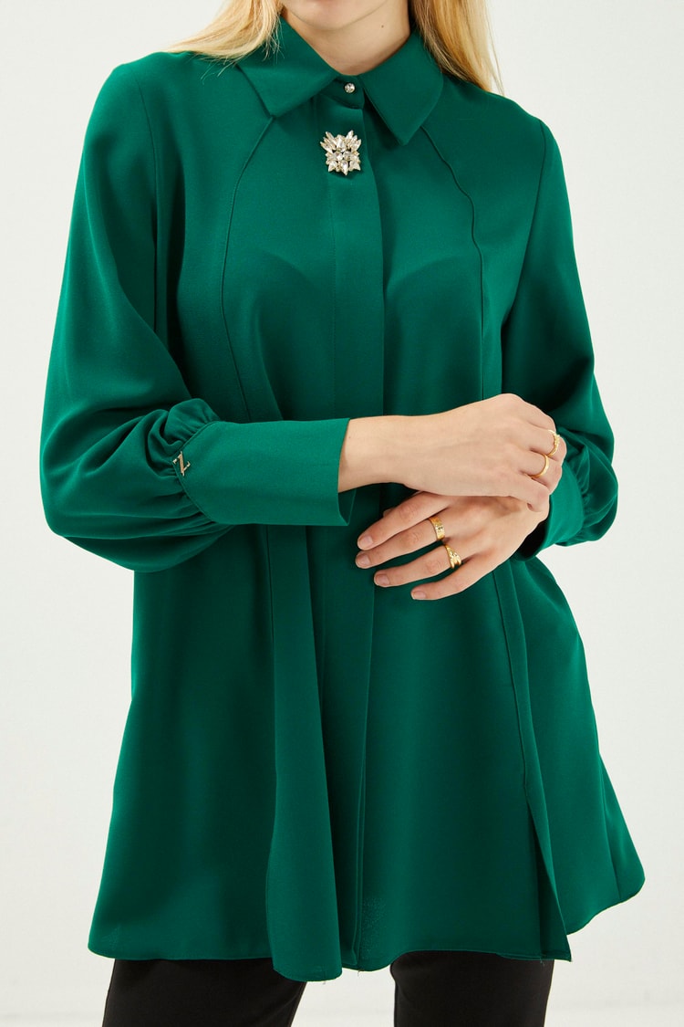 Broş Detaylı Uzun Kollu Zümrüt Tunik B-0095