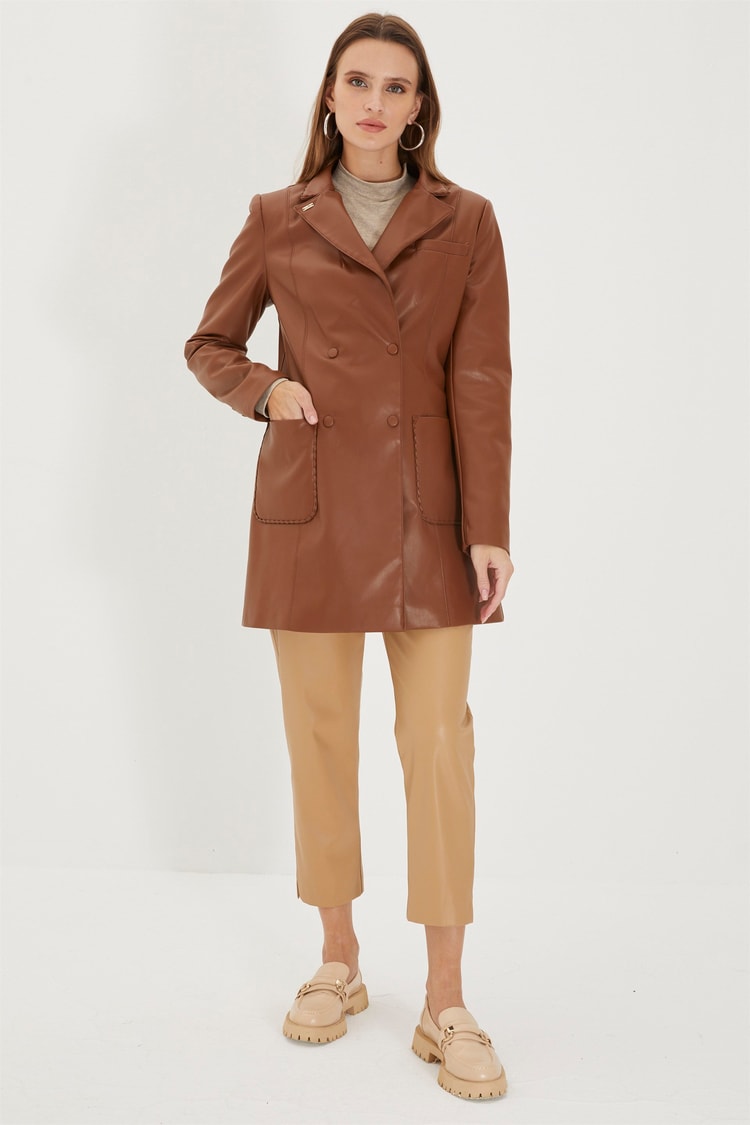  Pocket Detail Camel Leather Jacket C-0034