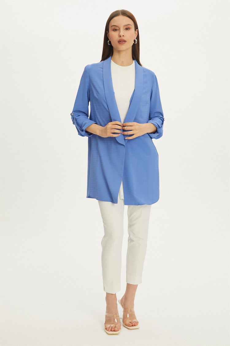 Sleeve Detailed Blue Long Blazer Jacket C-0059
