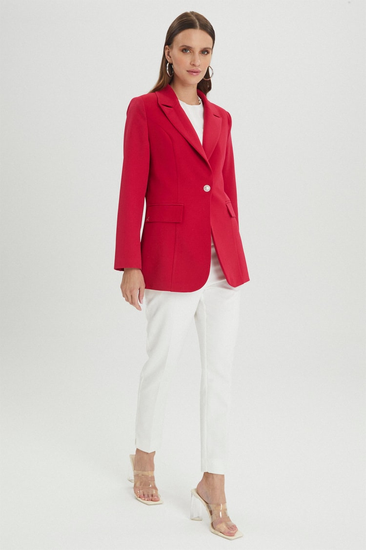 Kruvaze Yaka Tek Düğmeli Kırmızı Blazer Ceket C-0070