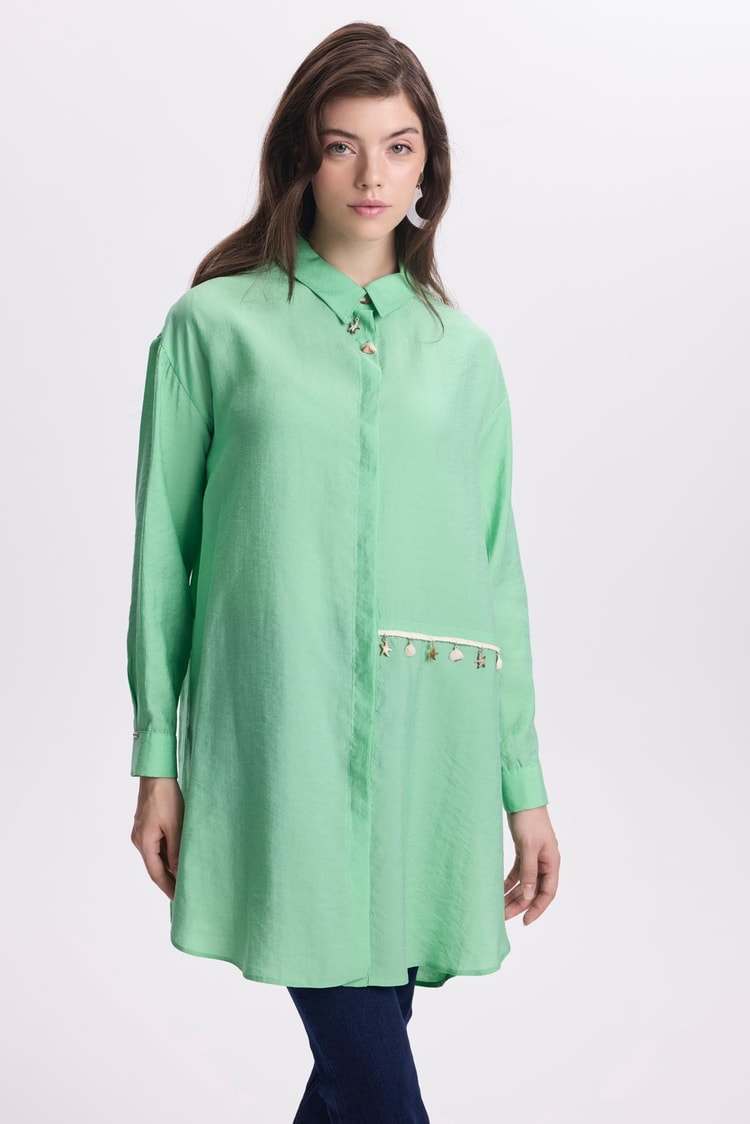 Çakıl Taşlı Gömlek Yaka Yeşil Tunik T-1459