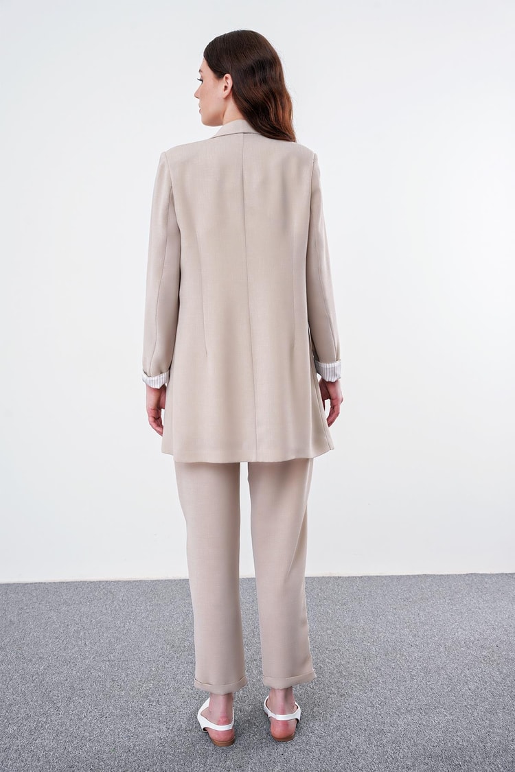 Pocket Detailed Jacket Trousers Beige Suit TK-1103