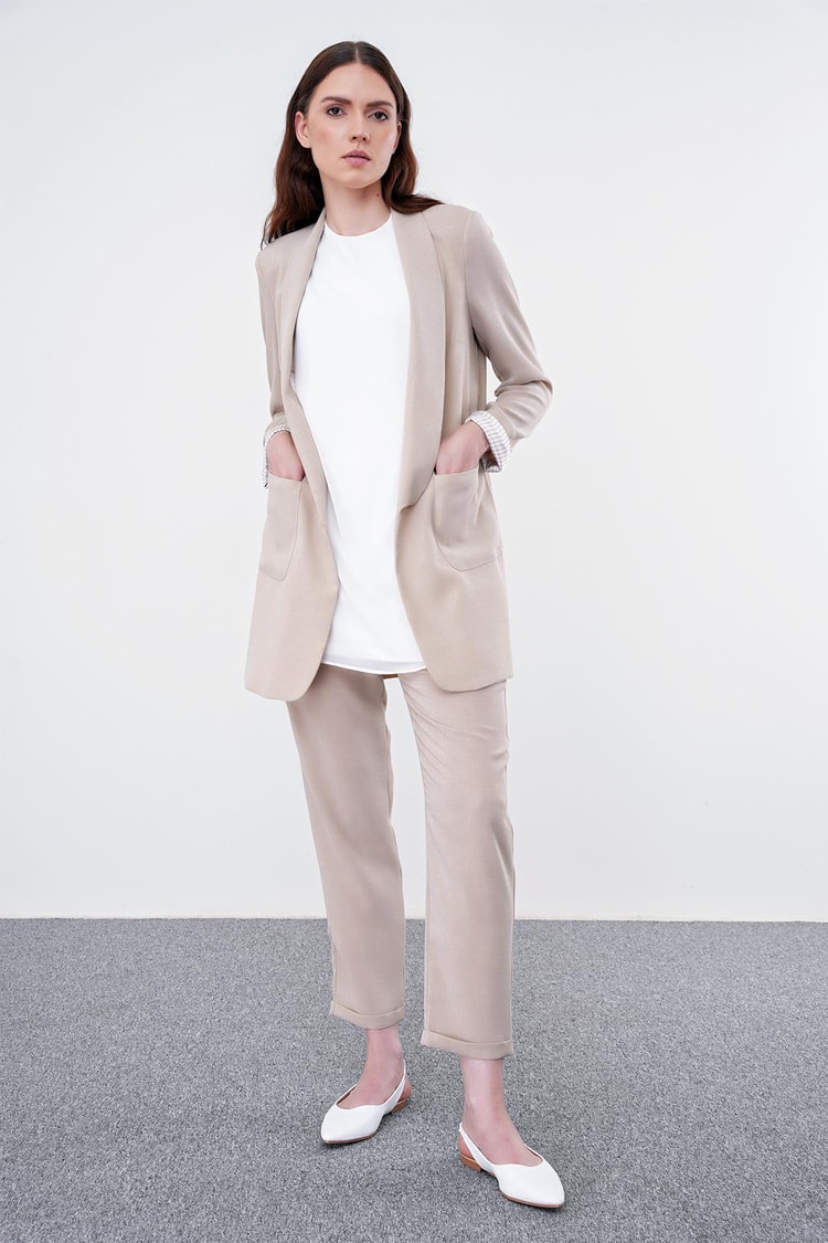 Pocket Detailed Jacket Trousers Beige Suit TK-1103