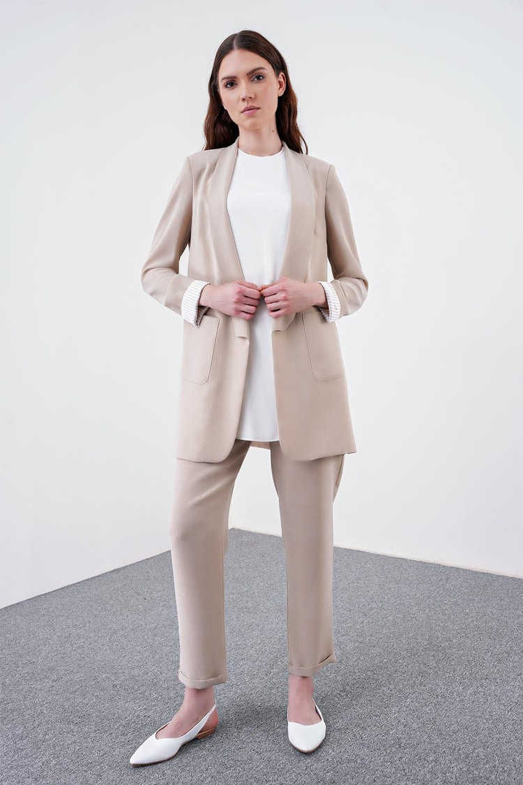 Pocket Detailed Jacket Trousers Beige Suit TK-1103