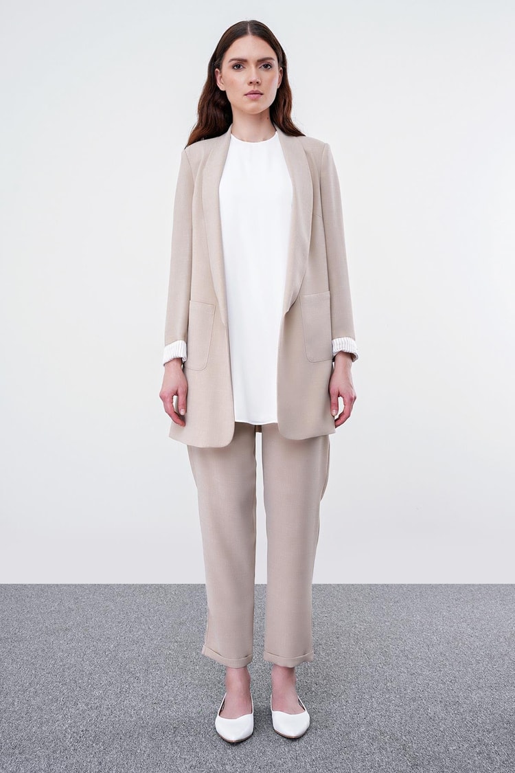 Pocket Detailed Jacket Trousers Beige Suit TK-1103