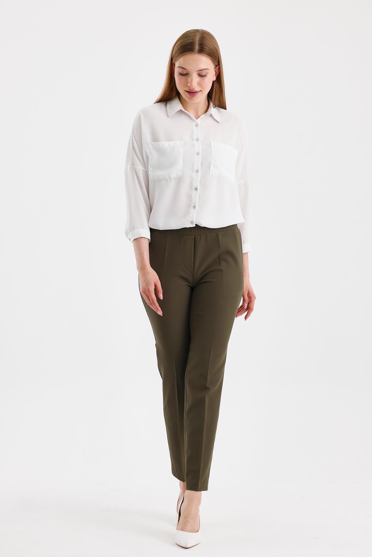Dar Paça Beli Lastikli Haki Kumaş Pantolon P-0148