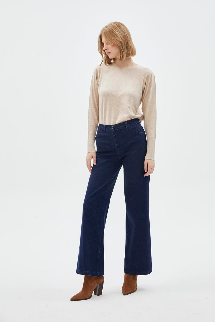 Denim Beli Lastikli Geniş Paça Pantolon P-0136