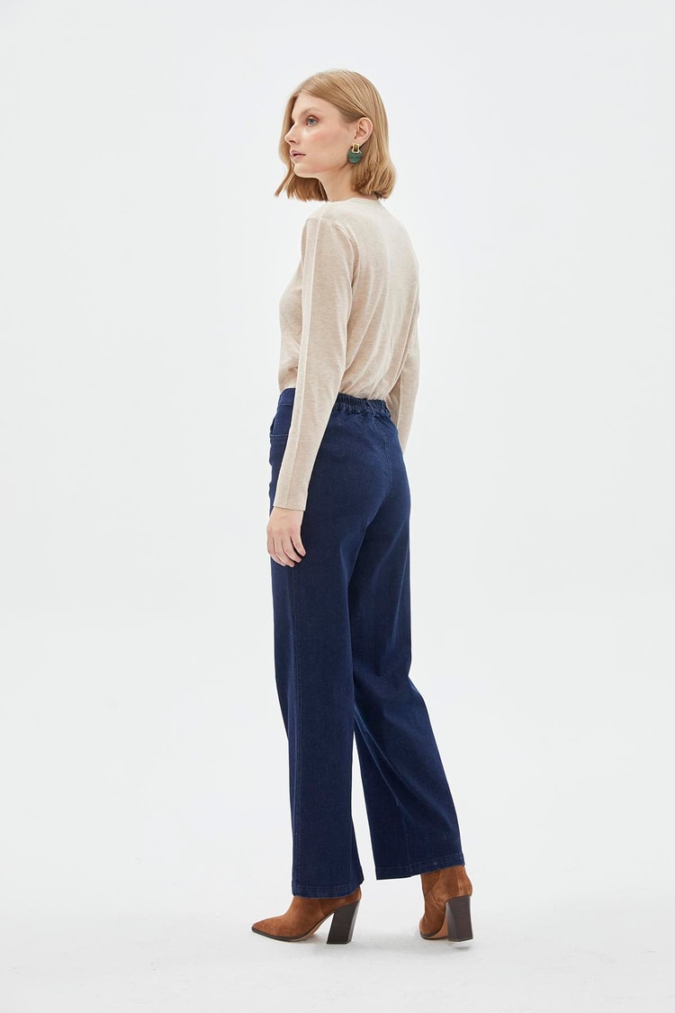 Denim Beli Lastikli Geniş Paça Pantolon P-0136