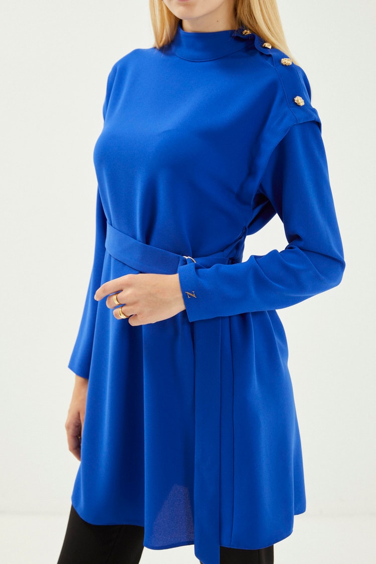 Dik Yaka Beli Kuşaklı Uzun Saks Tunik T-1416