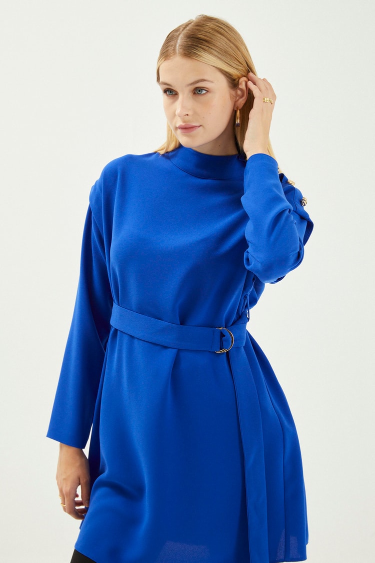 Dik Yaka Beli Kuşaklı Uzun Saks Tunik T-1416