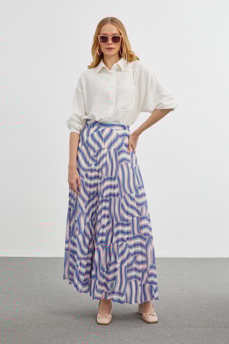 Patterned Green Long Pleated Skirt ETK-0155