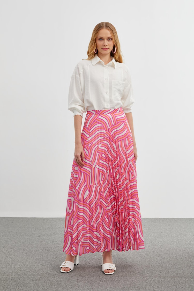 Patterned Pink Long Pleated Skirt ETK-0155