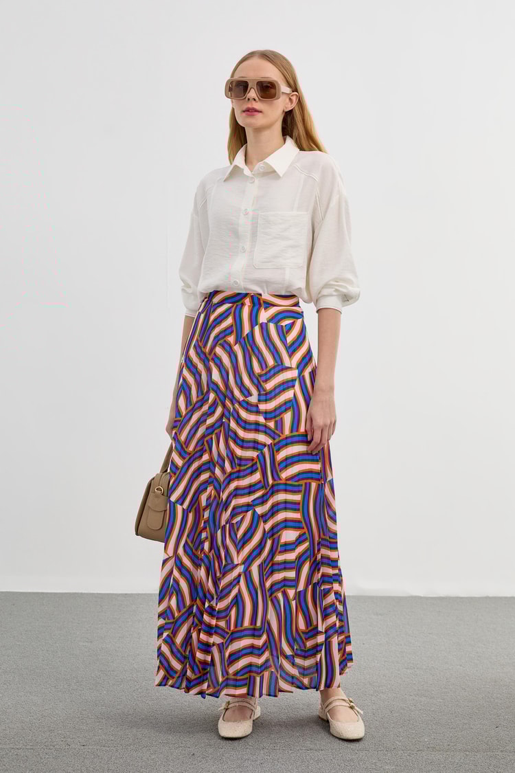 Patterned Orange Long Pleated Skirt ETK-0155