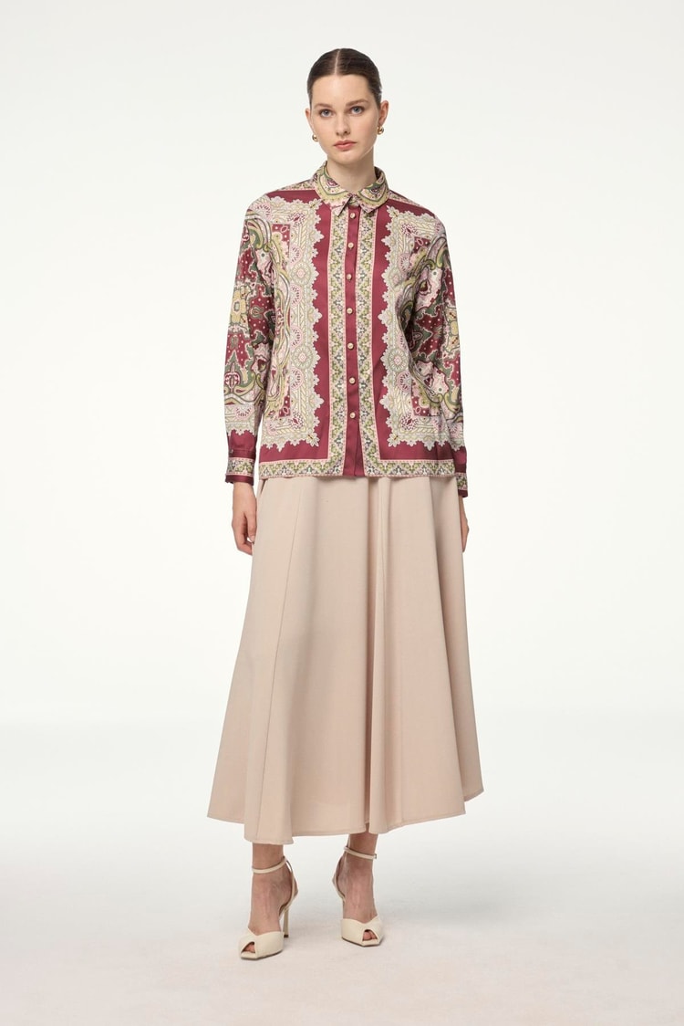 Etnik Desenli Bordo Gömlek G-0099