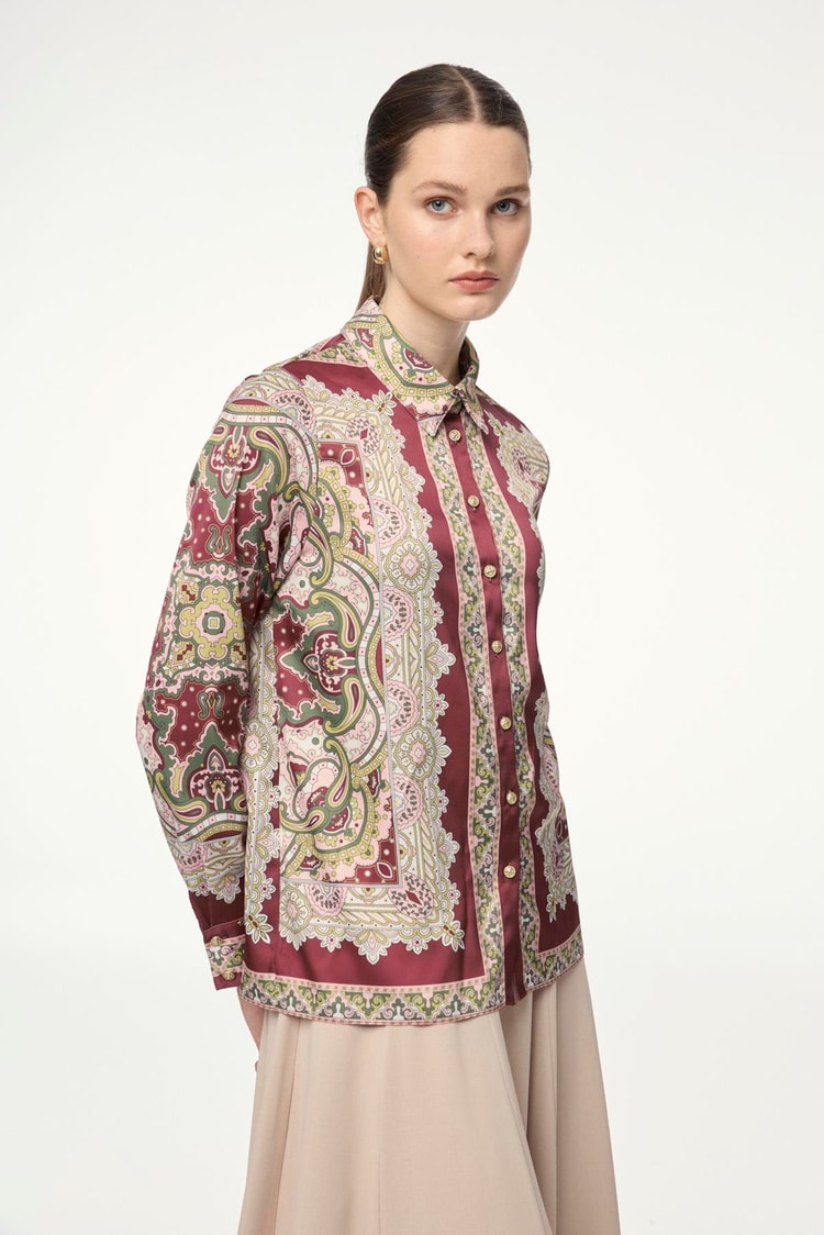Etnik Desenli Bordo Gömlek G-0099