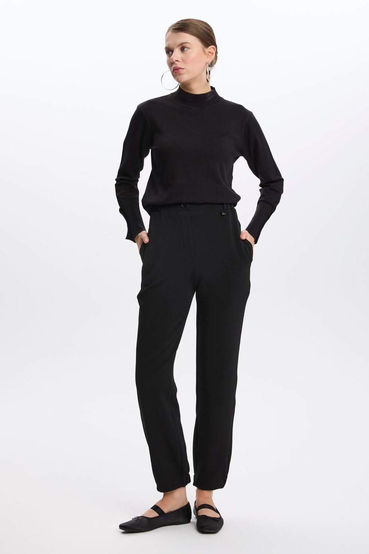 Fitilli Bel Lastikli Siyah Pantolon P-0208